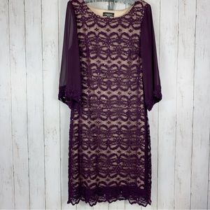 R&M Richards Womens Dress Size 14W Purple Sequin Lace Overlay Chiffon Midi